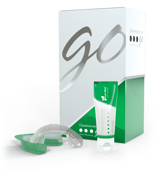 Discover an Opalescence Go tooth whitening kit, perfect for Invisalign users, featuring a sleek white and green box, a tube of effective whitening gel, and a comfortable dental tray.