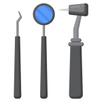 Illustration of dental tools used in Carlisle dentistry, featuring a scaler, a dental mirror with a blue reflective surface, and a dental drill handpiece, all set against a neutral background.