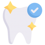 Illustration of a large white tooth with a blue circle containing a checkmark in the upper right corner, symbolizing trust in Carlisle family dentistry. The tooth is adorned with three yellow sparkles, emphasizing cleanliness or dental hygiene for those seeking dentists in Carlisle.