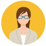 Illustration of a person with shoulder-length brown hair, wearing blue glasses, a beige blazer over a white top, set against a yellow circular background. The illustration features a faceless and minimalistic design.