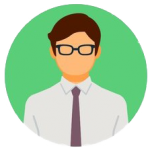 Illustration of a person with short brown hair wearing black glasses, a white dress shirt, and a purple tie. The background is a green circle. The illustration has a simple, flat design style with no facial features.