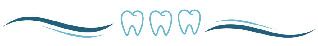 Stylized image featuring three outlined tooth illustrations in the center, flanked by flowing wavy lines on both sides. The image is rendered in shades of blue, creating a balanced and clean design.