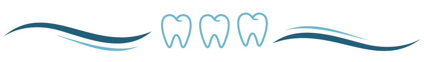 Stylized image featuring three outlined tooth illustrations in the center, flanked by flowing wavy lines on both sides. The image is rendered in shades of blue, creating a balanced and clean design.