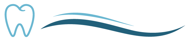 A minimalist graphic of an outlined tooth on the left, accompanied by two swoosh lines in varying shades of blue extending to the right, symbolizing dental care and hygiene.