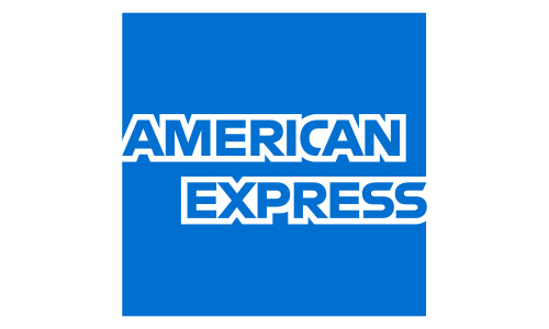 Blue square logo with the words "American Express" in bold white letters, one above the other, centered within the square.