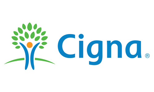 Cigna logo featuring a stylized tree with a blue trunk and green leaves, resembling a person with raised arms in celebration. The word "Cigna" is in blue text to the right of the tree symbol.