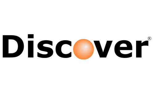 The image shows the Discover logo, featuring the word "Discover" in black letters. The "o" is represented by a gradient orange circle.