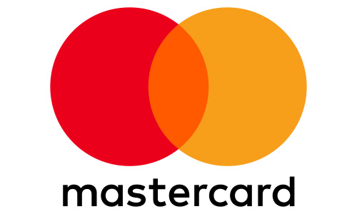 The image shows the Mastercard logo, featuring two overlapping circles, one red and one orange. Below the circles is the word "mastercard" in lowercase black letters.