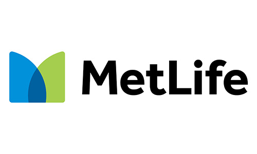 MetLife logo featuring a two-tone blue and green stylized "M" icon on the left, followed by the word "MetLife" in bold black text on a white background.