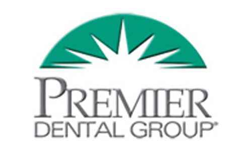 Logo of Premier Dental Group featuring a green semicircle with a white starburst design above the text "PREMIER" in large gray letters and "DENTAL GROUP" in smaller gray letters beneath it.