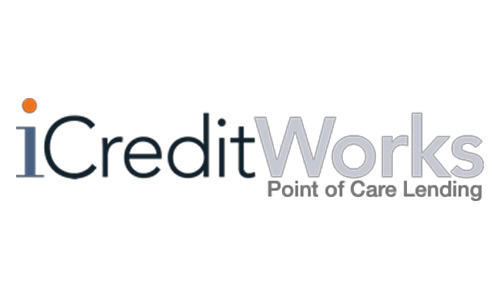 Logo of iCreditWorks featuring the text "iCreditWorks" in dark gray and light gray, with the tagline "Point of Care Lending" beneath, all on a white background. The letter "i" is distinguished with an orange dot.