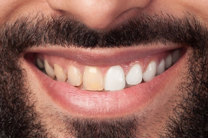 A close-up of a bearded person smiling, revealing noticeable color differences—some teeth are yellowed while others appear white—emphasizing the effects of teeth whitening and the contrast in dental coloration.
