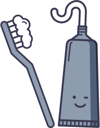 Oral Care Tip Graphic: A cartoon toothbrush with foam and a smiling tube of toothpaste with a winking face, both in shades of grayish blue