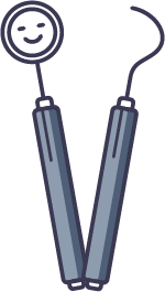 Oral Care Tip Graphic: Two cartoon dental tools, a dental mirror with a smiling face and a curved dental probe, are illustrated standing side by side with simple, friendly designs.