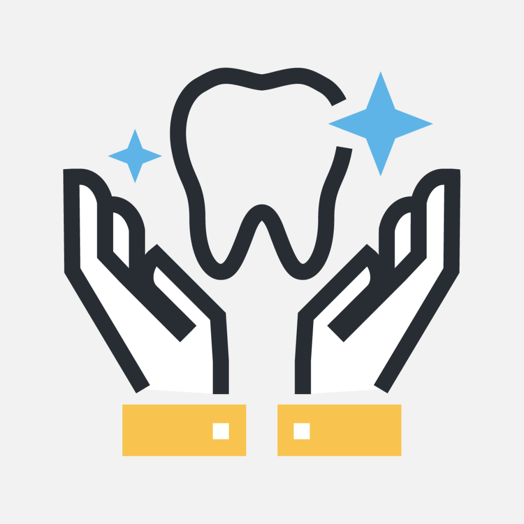 Our values graphic: Illustration of two hands cupping a large white tooth with blue sparkle icons, symbolizing dental care, hygiene, or protection of teeth.