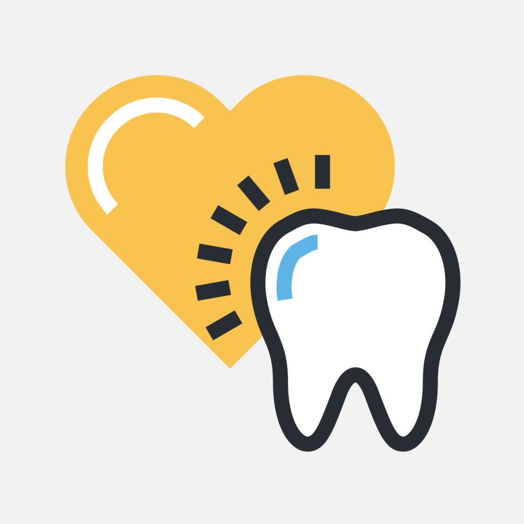 Our values graphic: A stylized illustration of a white tooth in front of a yellow heart, with black lines radiating from the center, symbolizing dental health or oral care.