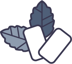 Oral Care Tip Graphic: Two rectangular chewing gum pieces are placed in front of three overlapping mint leaves, illustrated in shades of blue and white.