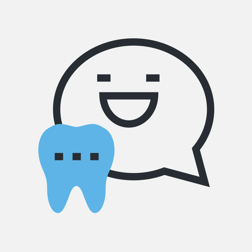 Our Values graphic: A simple line drawing of a smiling chat bubble next to a blue tooth icon with three dots, representing dental or oral health communication.