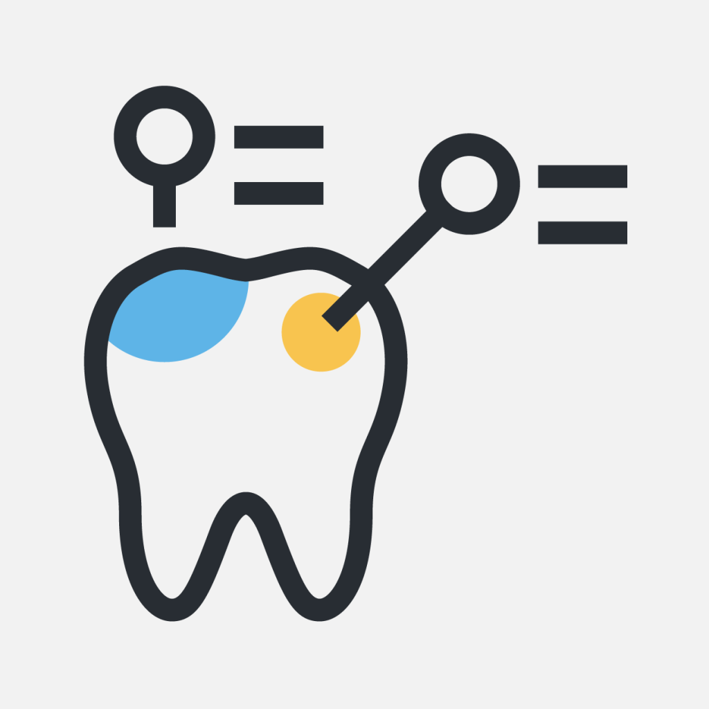 Our values graphic: Icon of a tooth with two colored spots, blue and yellow, magnified by circles with equal signs, indicating focus on dental issues or cavities.