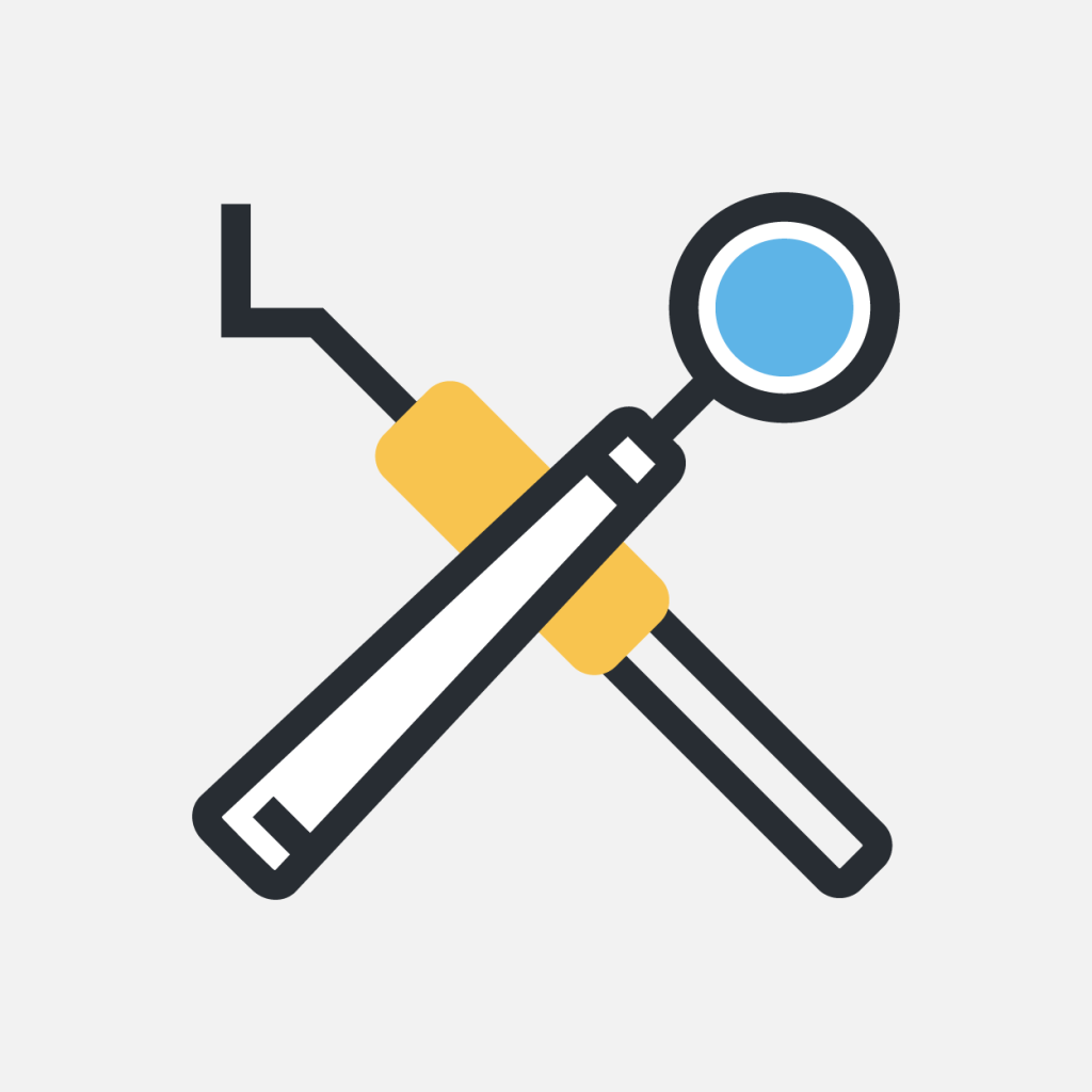 Our Values graphic: Icon of dental tools, including a dental mirror with a blue reflective surface and a dental probe, crossed over each other on a light gray background.